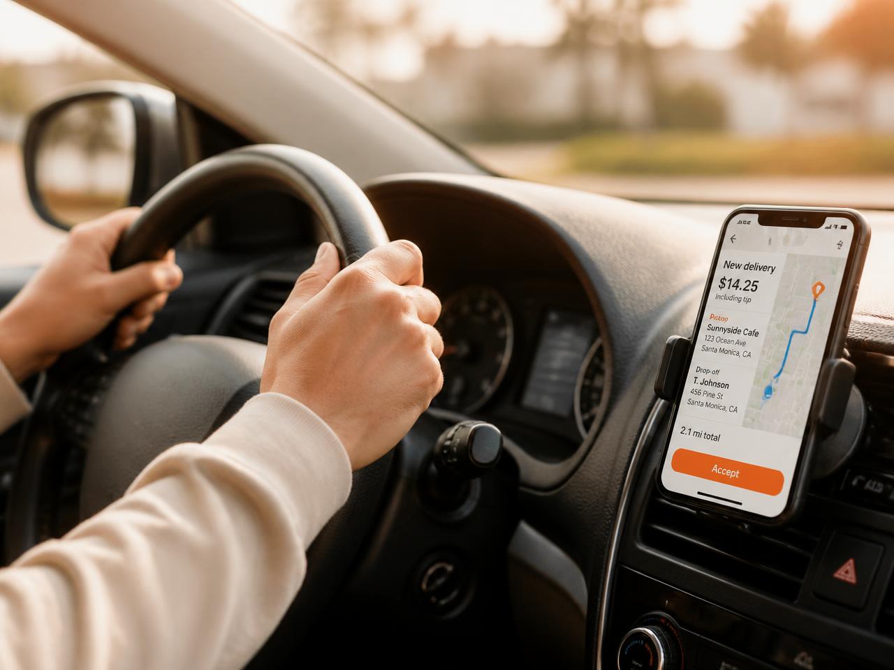 Rideshare driver with a delivery app open on a dashboard phone mount